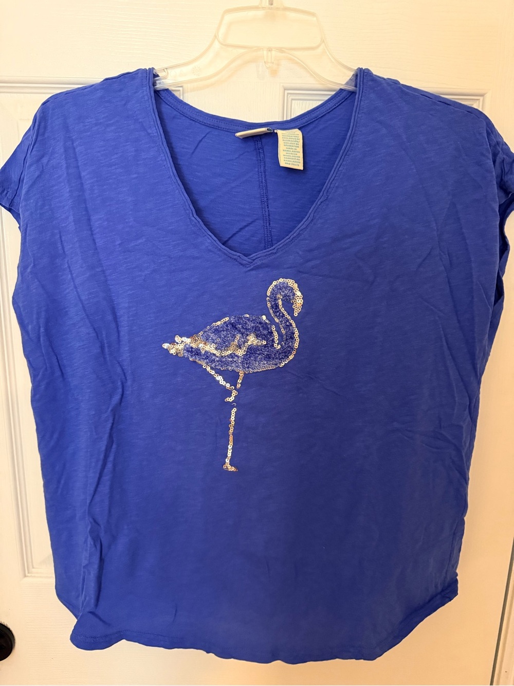 Caribbean Joe Royal Blue V-Neck Tee with Silver Sequin Flamingo